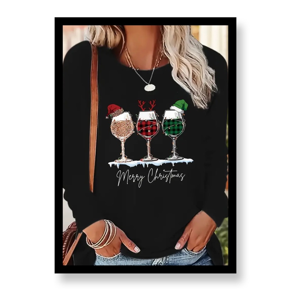 ❄️❄️Women's Festive Christmas Wine Glass & Letter Print Long Sleeve T-Shirt